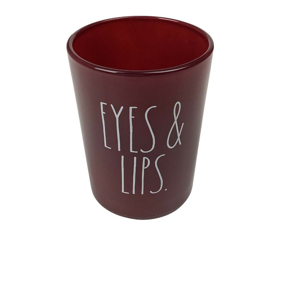 Rae Dunn "Eyes And Lips" Storage Glass Cup Makeup Container Burgundy Red White